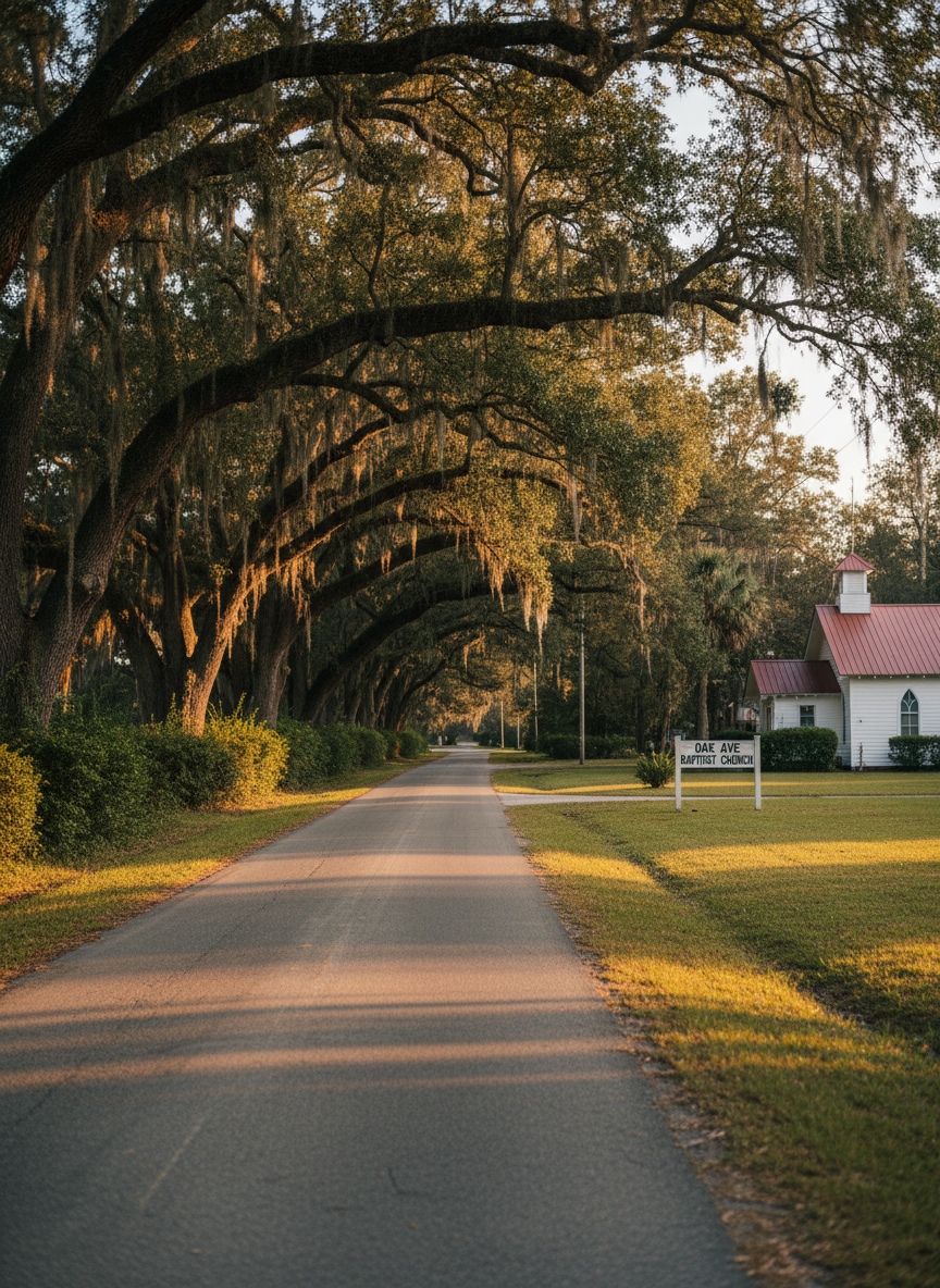 A peaceful rural landscape in Florahome, Florida, with a narrow asphalt road gently curving past the edge of the Oak Ave Baptist Church property. On one side of the road, a stretch of neatly mowed grass leads to the small church building partially visible in the distance, while the other side is lined with tall oak trees and low shrubs. Early evening golden-hour sunlight bathes the scene, enhancing the warm greens and browns and casting long, soft shadows across the road. Photographed in photographic realism from a standing roadside perspective, the composition invites the viewer to visually travel toward the church. The atmosphere feels quiet, safe, and welcoming, reflecting a small-town community church environment.