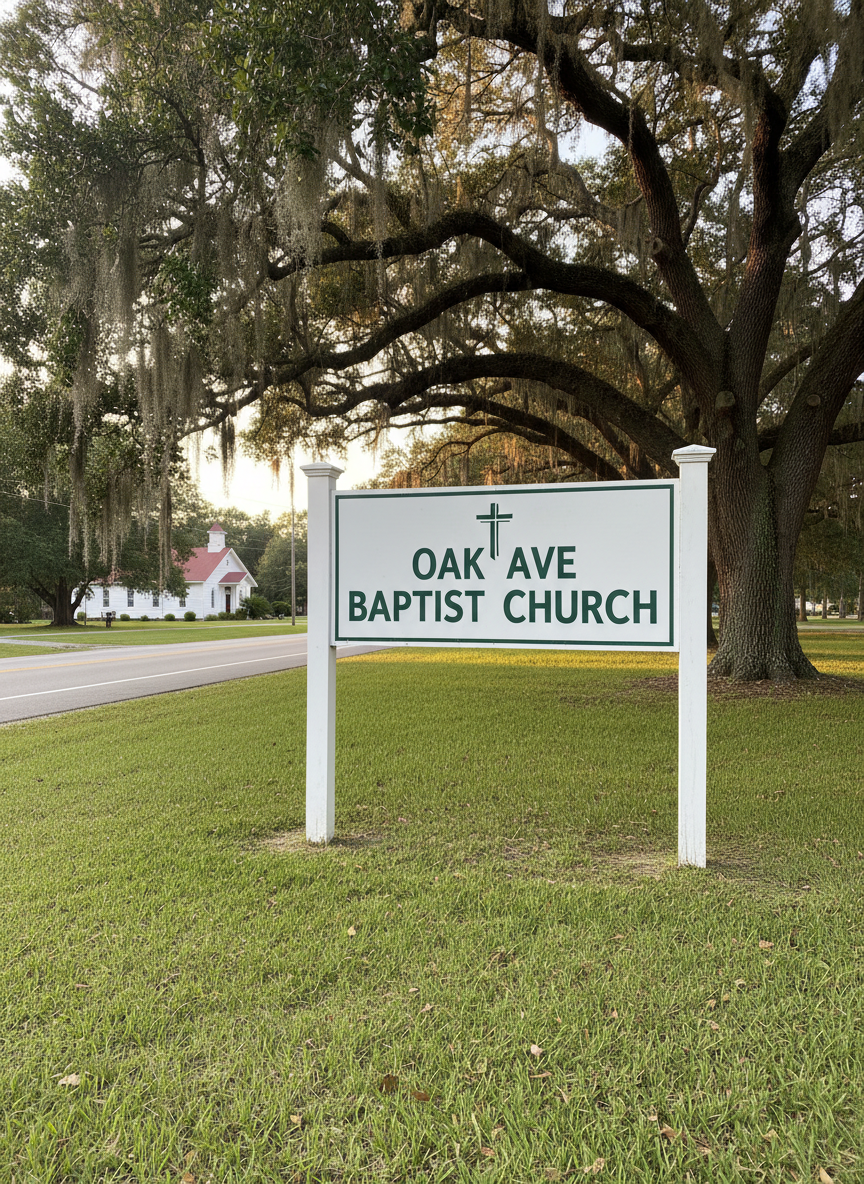 An exterior sign for “Oak Ave Baptist Church” standing on a neatly trimmed grassy patch beside a quiet Florahome, Florida road. The sign features a clean white background with dark green, easy-to-read lettering and a subtle cross emblem, framed by sturdy white posts. Behind the sign, tall oak trees with spreading branches and hanging Spanish moss form a natural canopy, with a glimpse of the small church building further back. Late afternoon sunlight filters through the leaves, producing a warm, dappled pattern on the sign and grass. Photographed in photographic realism from a slightly low angle with moderate depth of field, the composition highlights the sign while still showcasing the peaceful, rural setting and inviting church grounds.
