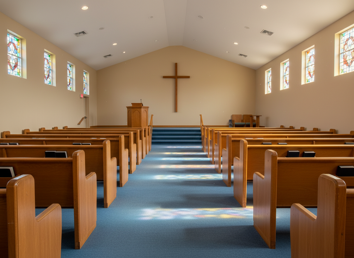A serene interior view of a small church sanctuary featuring rows of polished wooden pews with smooth, honey-colored finish, aligned in perfect symmetry on either side of a central aisle. At the front, a modest platform holds a wooden pulpit and a plain wooden cross against a light, neutral-colored wall. Sunlight filters through simple, rectangular stained-glass windows along the sides, casting soft patches of colored light across the carpeted floor. The scene is captured from the back of the sanctuary looking forward, with a wide-angle lens and sharp focus throughout, in clean photographic realism. The atmosphere feels calm, orderly, and welcoming, ideal for quiet reflection and worship in a close-knit Florida church community.