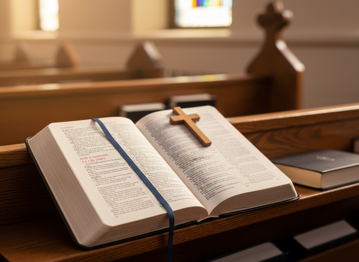 A close-up, photographic realism shot of an open Bible resting on a smooth oak pew, its thin, slightly textured pages filled with small, crisp black text and delicate red headings. A slender, dark blue ribbon bookmark lies diagonally across the page, and a small wooden cross bookmark peeks from the top edge. Soft afternoon light enters from an unseen side window, creating gentle highlights on the page edges and casting a faint shadow of the cross onto the paper. The background falls into a soft bokeh of other pews and hymnals, emphasizing the Bible as the focal point. Framed using the rule of thirds from a slightly elevated angle, the mood is reflective, peaceful, and centered on God’s Word.