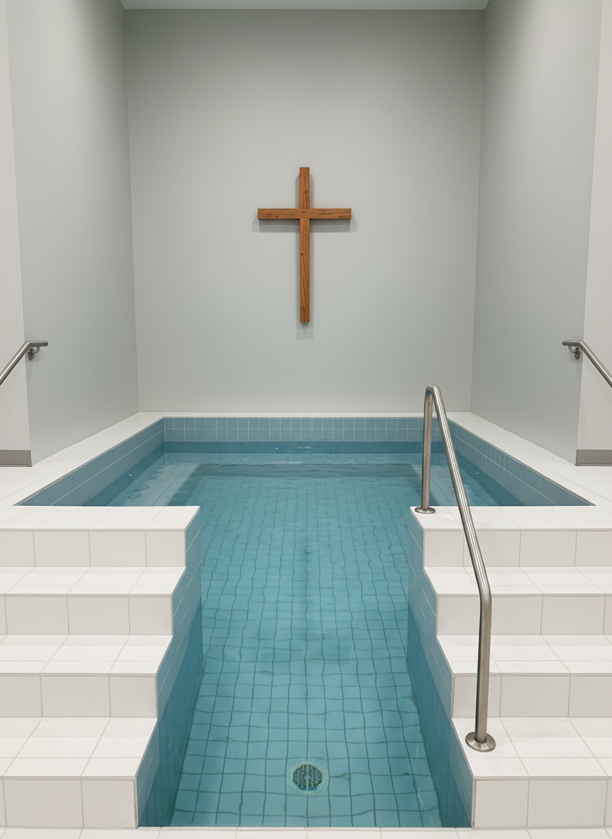 A small baptismal pool inside a church, filled with clear, gently rippling water that reflects the soft overhead lighting. The pool is lined with smooth, light blue tiles and surrounded by clean, white steps with a simple brushed metal handrail descending into the water. Behind the pool, a plain light-gray wall features a modest wooden cross, its warm tones contrasting softly with the cool colors of the water and tile. Photographed in photographic realism from a slightly elevated front angle, the composition keeps the pool centered while capturing subtle reflections on the surface. The mood is solemn yet hopeful, suggesting new life and transformation through baptism in a simple, Baptist church setting.