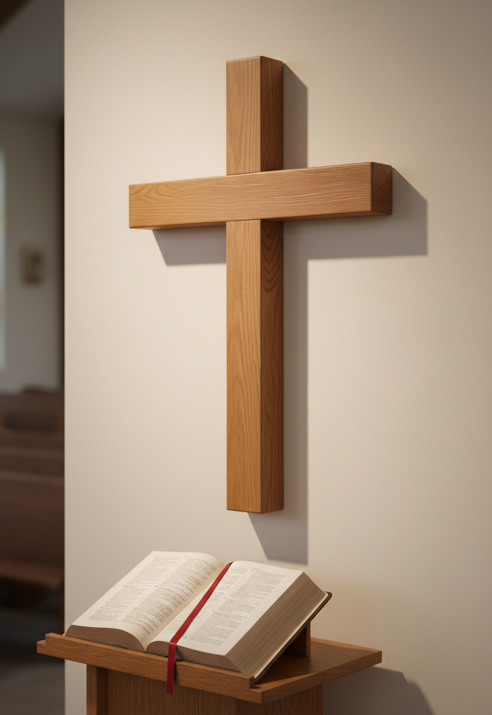A polished wooden cross mounted on a clean, cream-colored interior wall of a church sanctuary, crafted from rich oak with visible natural grain and a satin finish. Below the cross, an open Bible rests on a simple wooden pulpit, its thin pages slightly curled, with a ribbon bookmark draped over the text. Soft, warm overhead lighting illuminates the cross and pulpit, creating subtle highlights on the wood and casting a gentle shadow behind the cross. The background shows blurred hints of empty, neatly arranged pews and simple stained-glass windows. Photographed at eye level with shallow depth of field for photographic realism, the mood is reverent, peaceful, and inviting, emphasizing the centrality of Scripture and the message of Jesus.
