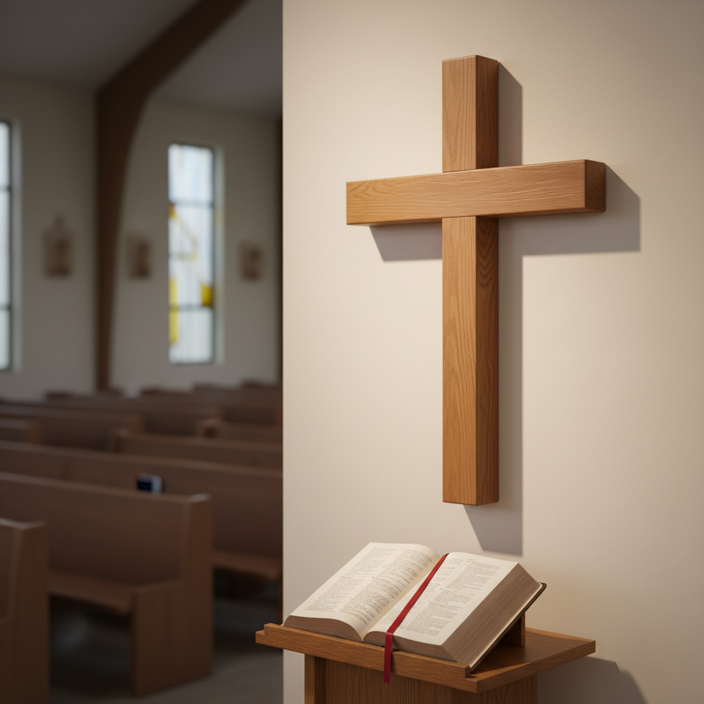 A polished wooden cross mounted on a clean, cream-colored interior wall of a church sanctuary, crafted from rich oak with visible natural grain and a satin finish. Below the cross, an open Bible rests on a simple wooden pulpit, its thin pages slightly curled, with a ribbon bookmark draped over the text. Soft, warm overhead lighting illuminates the cross and pulpit, creating subtle highlights on the wood and casting a gentle shadow behind the cross. The background shows blurred hints of empty, neatly arranged pews and simple stained-glass windows. Photographed at eye level with shallow depth of field for photographic realism, the mood is reverent, peaceful, and inviting, emphasizing the centrality of Scripture and the message of Jesus.